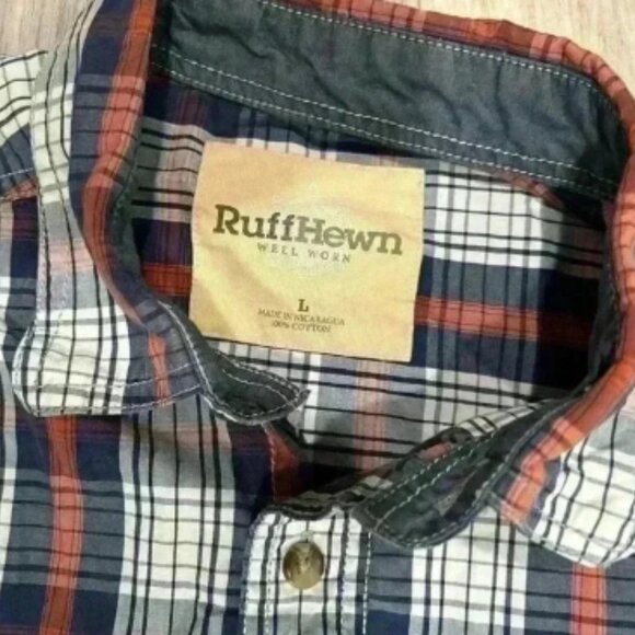 Ruff Hewn Well Worn Men’s Long Sleeve Plaid Button Down Shirt Navy Orange Size L - Picture 2 of 4